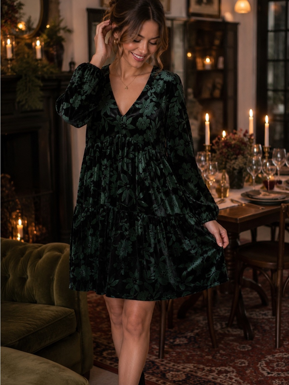 Taylor Emerald Green Floral Burnout Velvet Mini Dress Medium